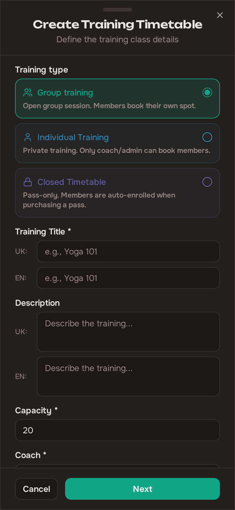 Create training template dialog