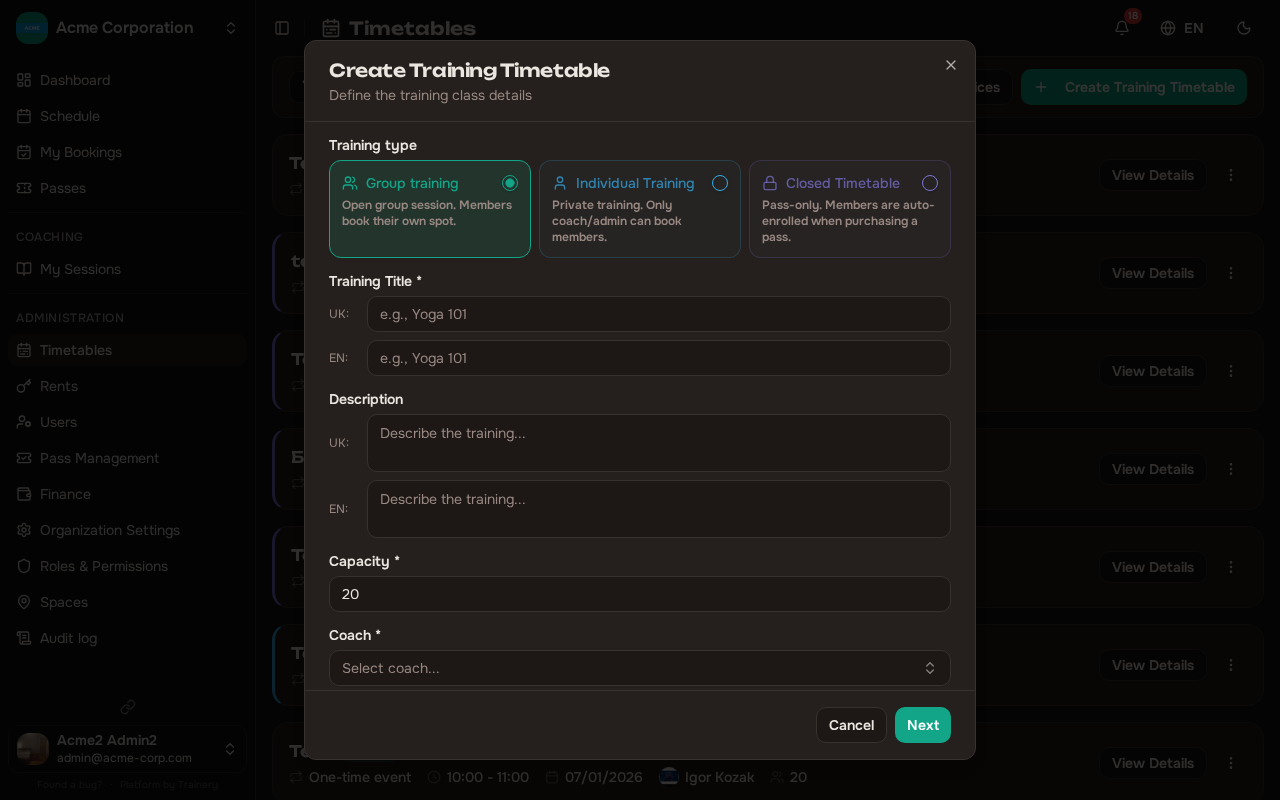 Create training template dialog