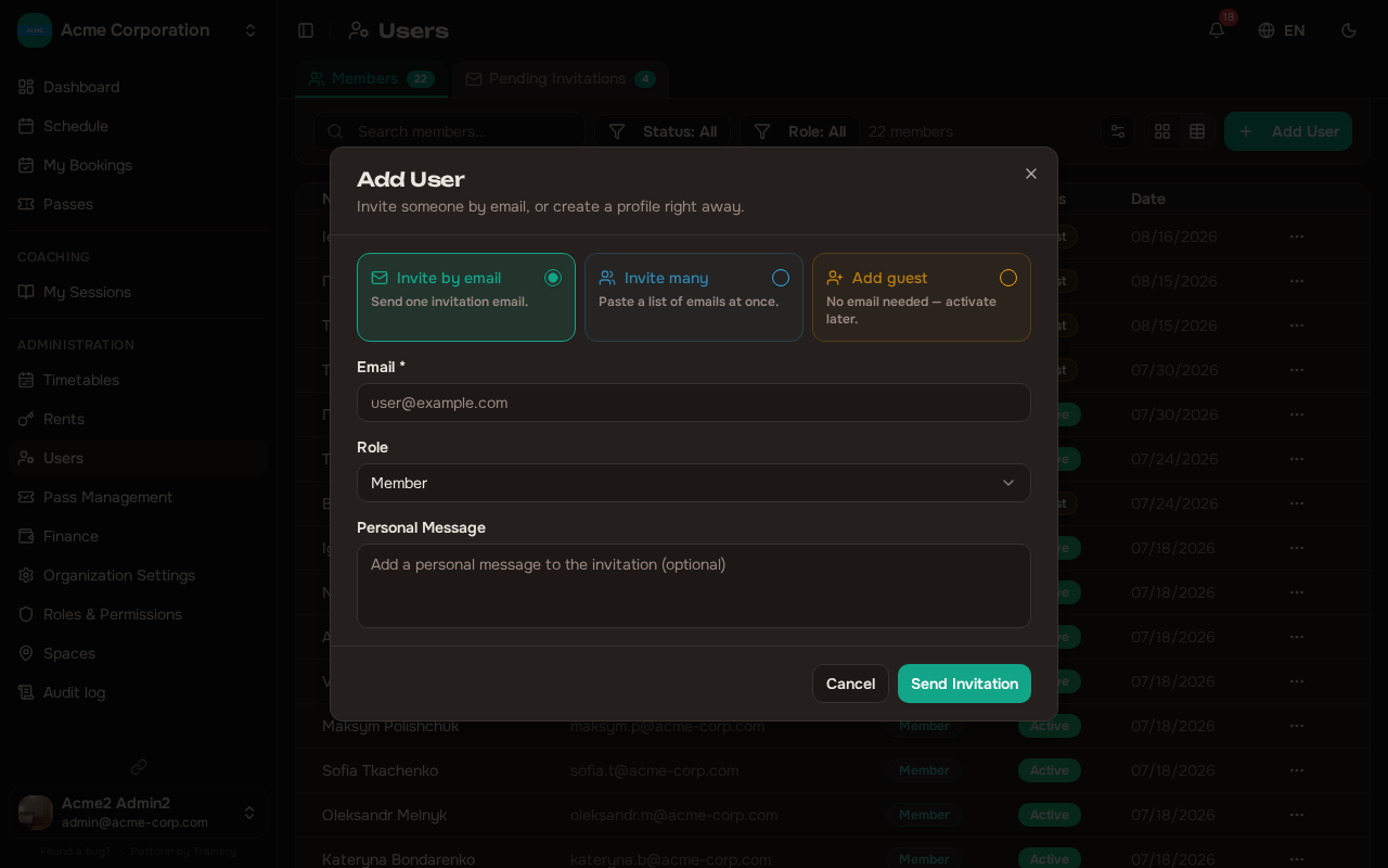 Invite user dialog