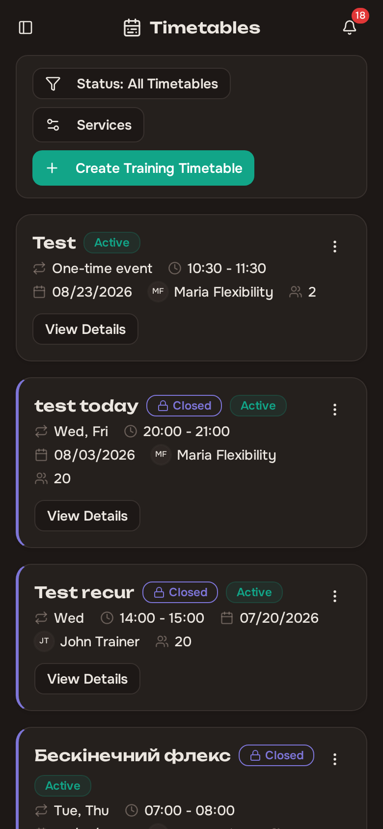 All training timetables