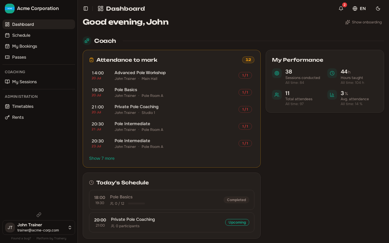 Trainer performance dashboard