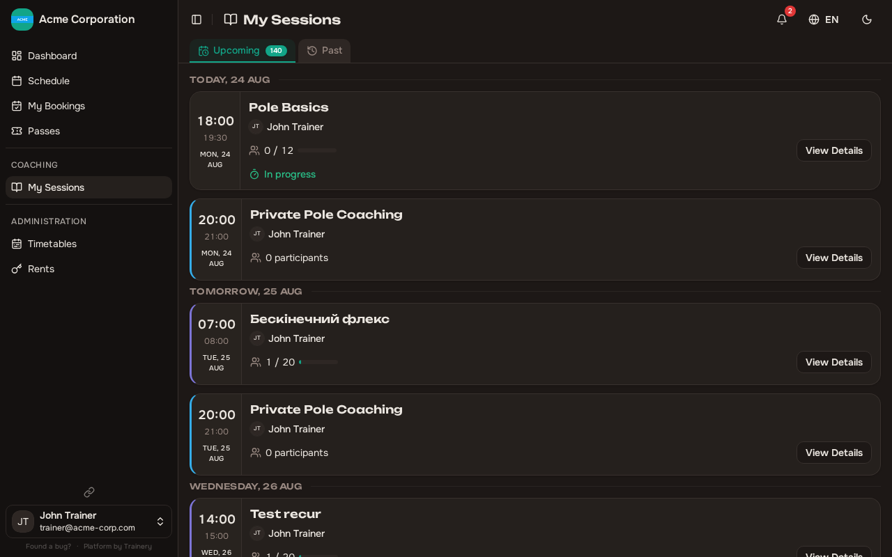 Trainer sessions page