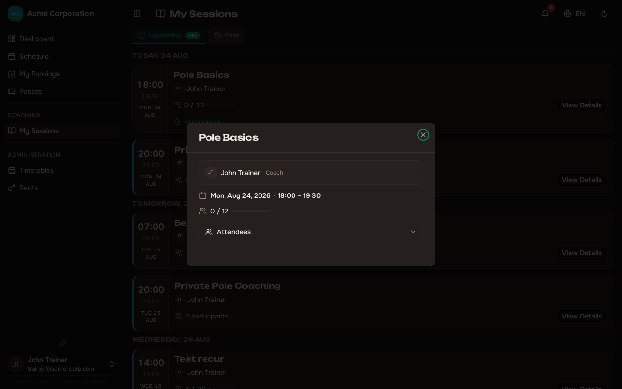 Session detail with override and cancel actions