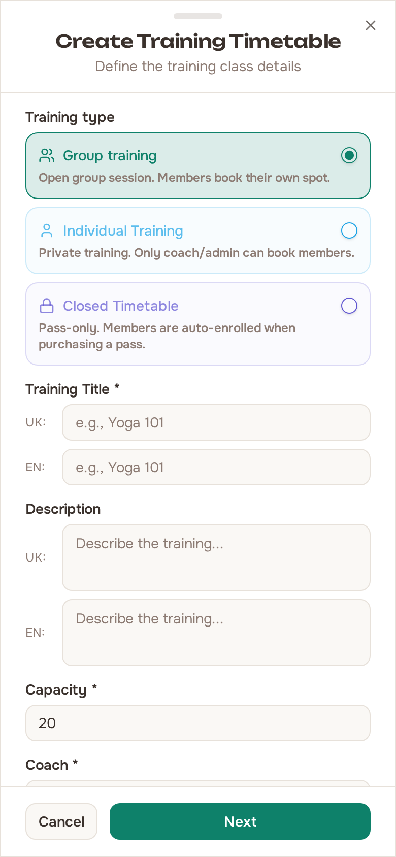 Create training template dialog