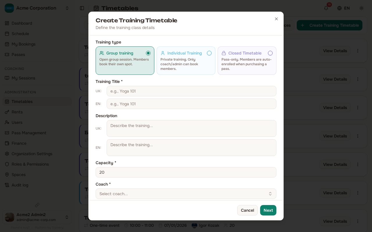 Create training template dialog