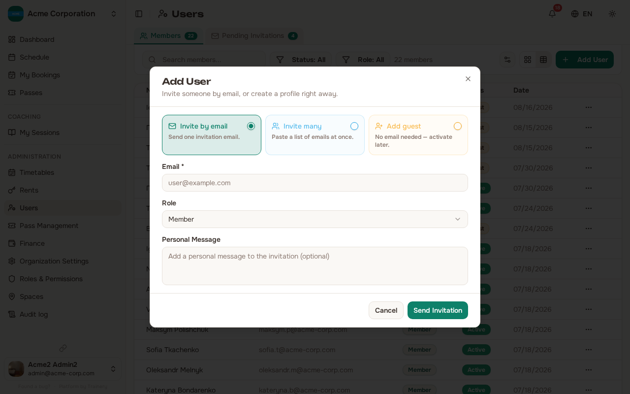 Invite user dialog