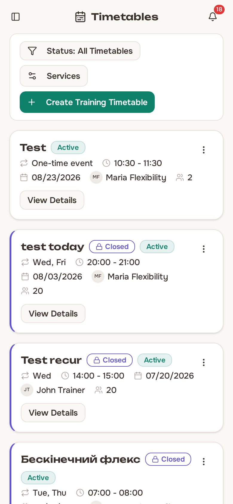 All training timetables