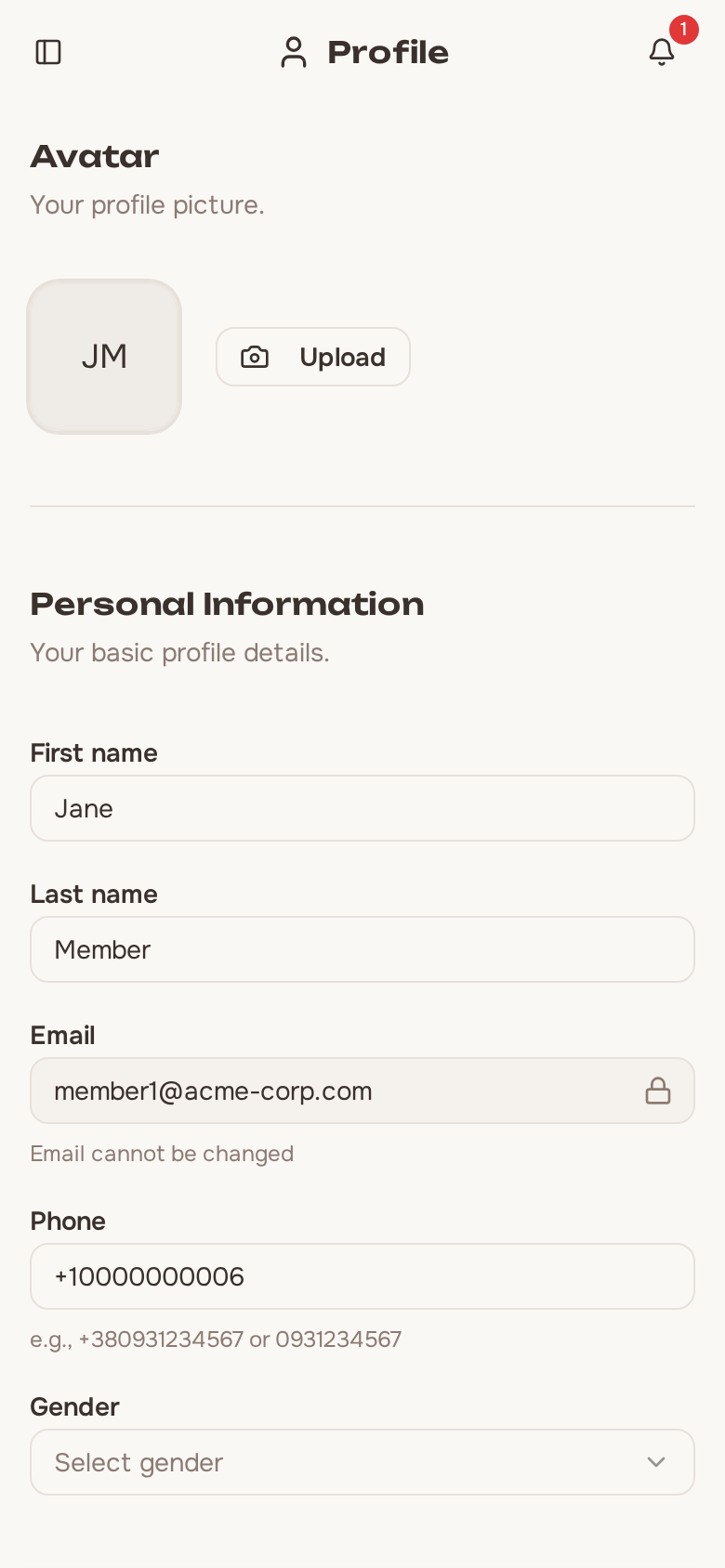 Member profile page