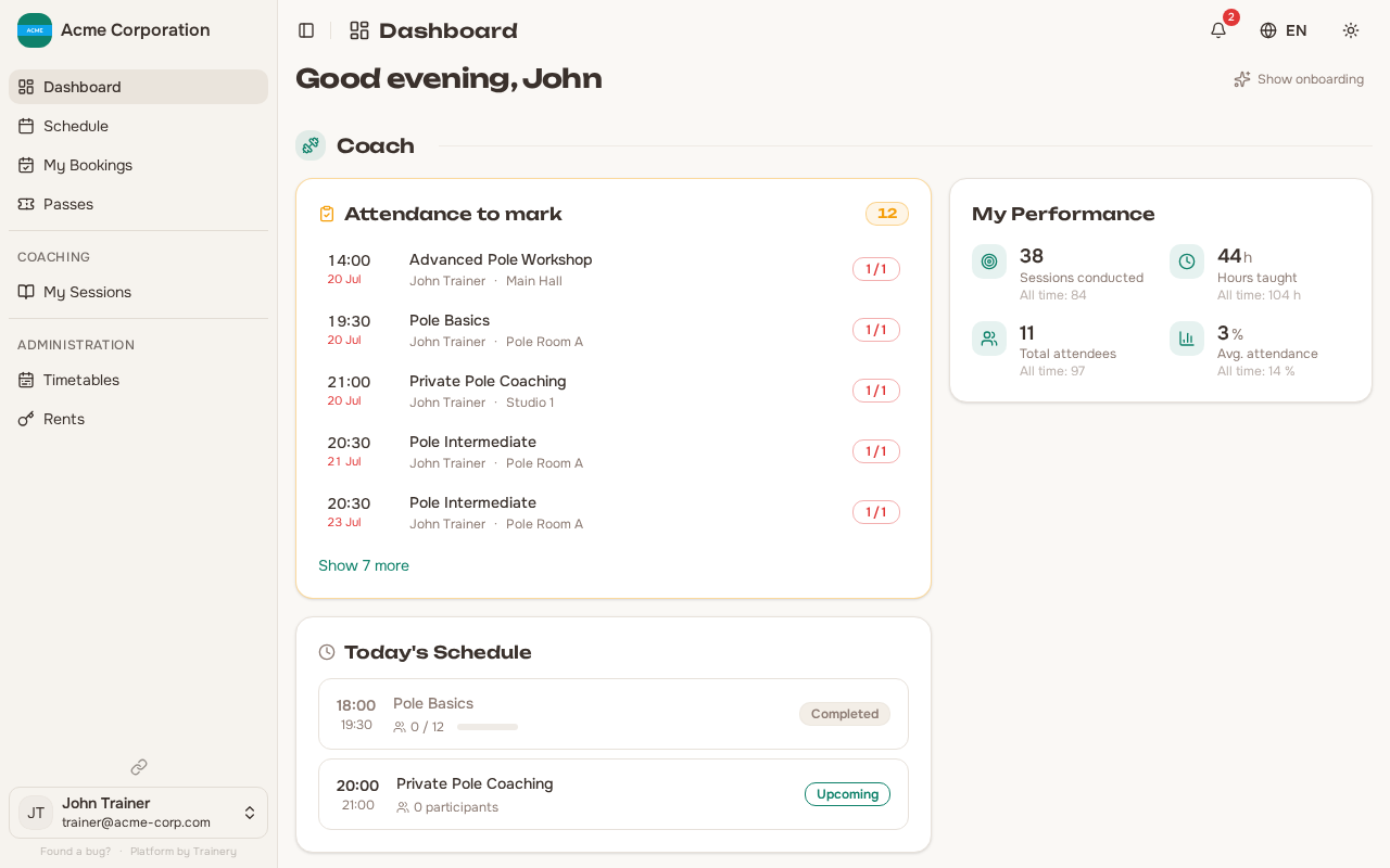 Trainer performance dashboard